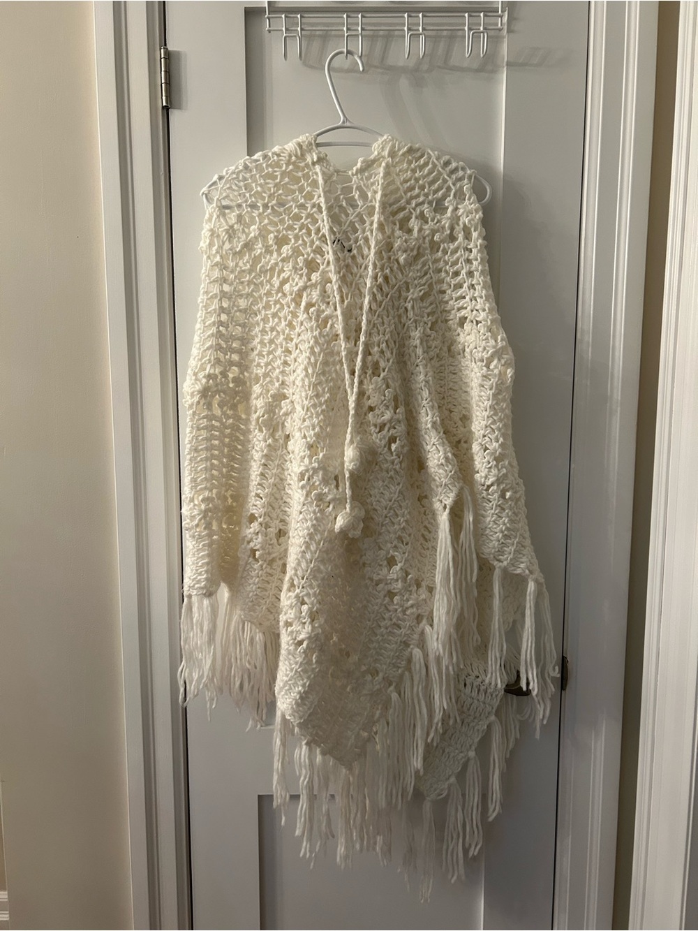 Cream Crochet Fringe Hooded Sweater Poncho